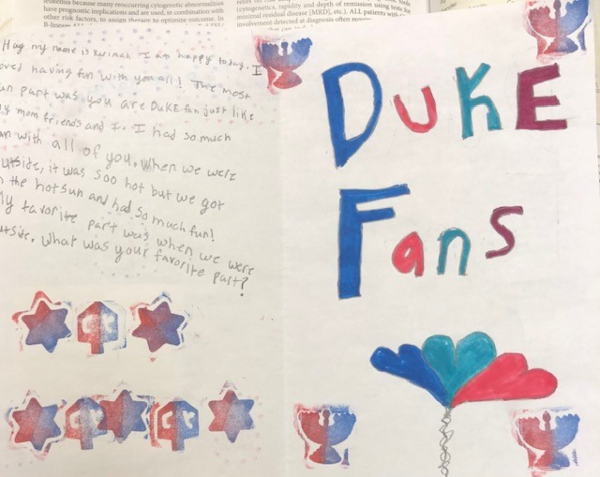 Thank you card from Burton student and Duke Fan