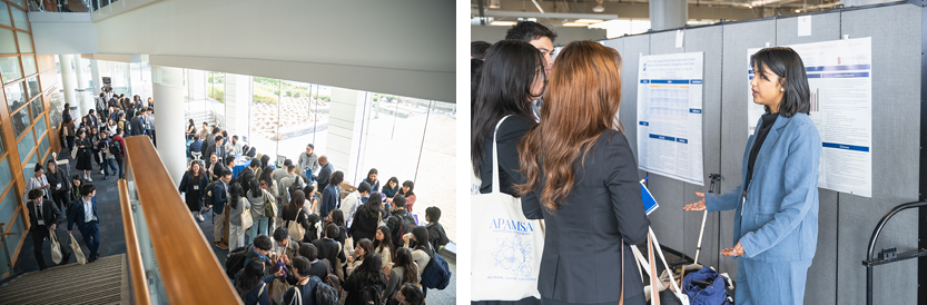 left: Conference attendees visiting sponsor and exhibitor booths, Right: Conference attendees presenting their work at the poster session