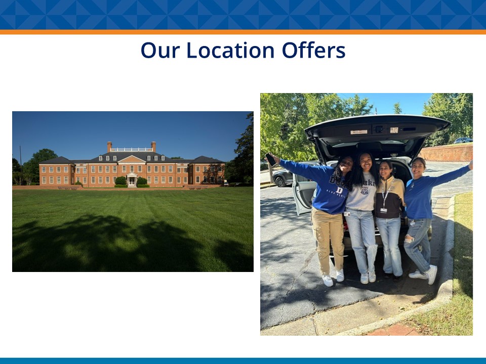 Duke PA program building and PA students standing by a car