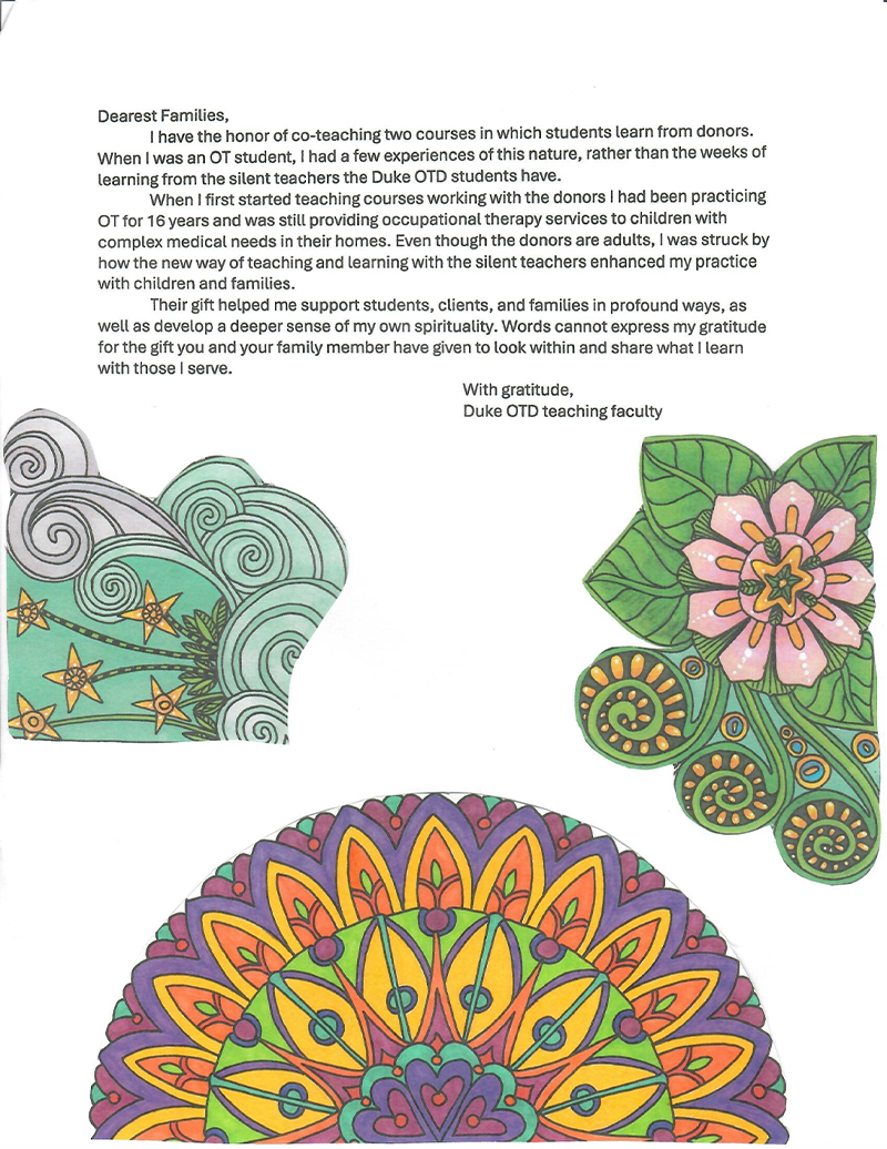 Handwritten thank you note from Health Professions Education Student