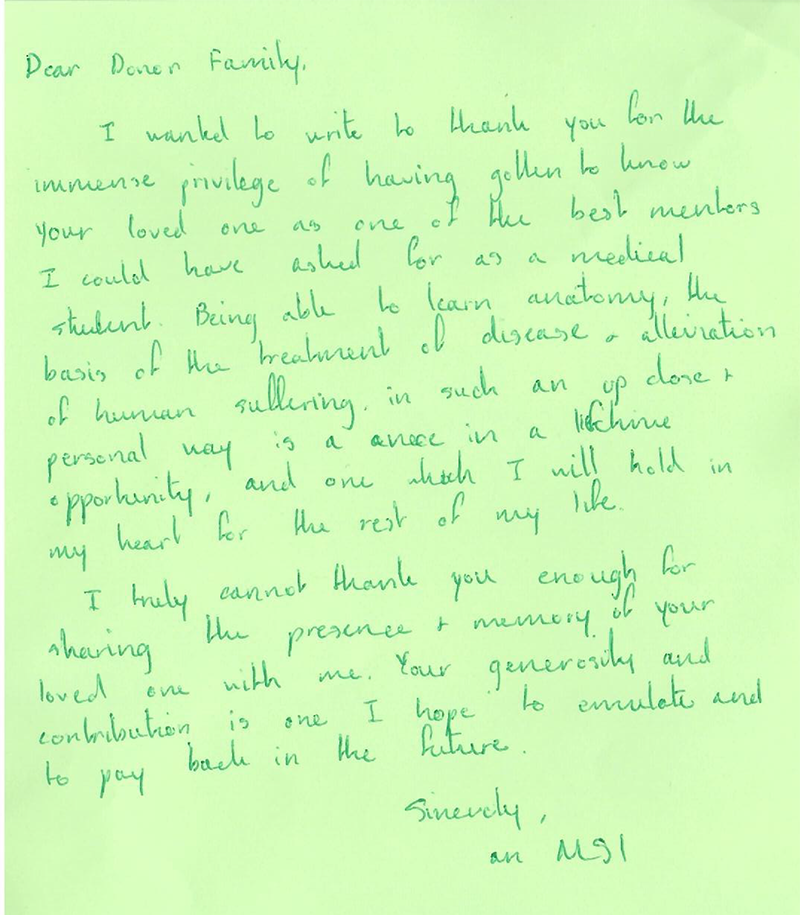 Handwritten thank you note from Health Professions Education Student