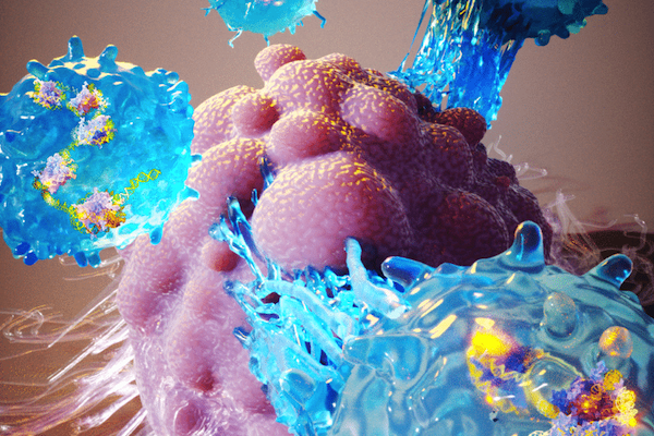 artistic rendering of a CRISPR enhanced T cell attacking a tumor