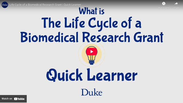 Video title card: "What is the Life Cycle of a Biomedical Research Grant Quick Learner"