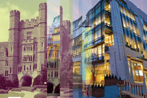 graphic collage of two buildings