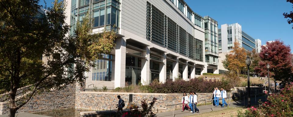 group of students walking infront of building
